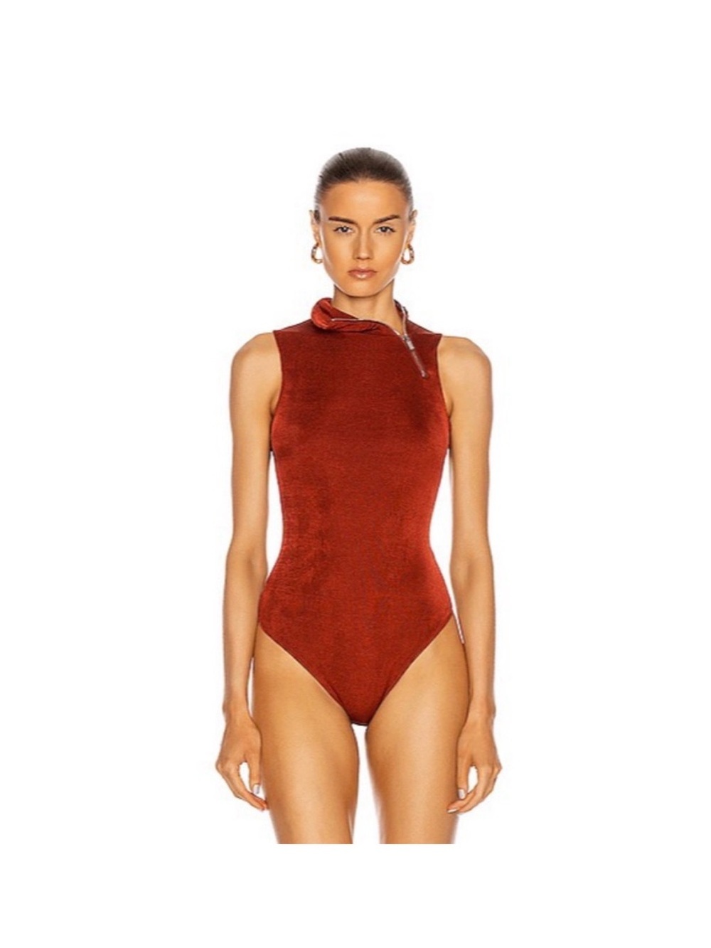 ALIX NYC Rust Red Textured Sleeveless Zip-Neck Bodysuit